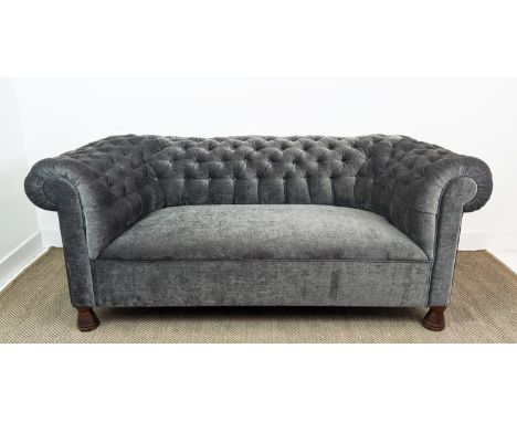 CHESTERFIELD SOFA, in grey velvet button back, 185cm W x 95cm D x 81cm H. 