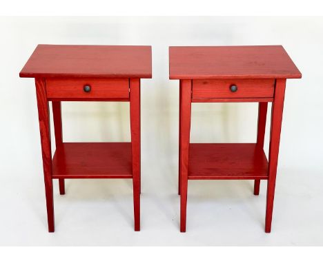LAMP TABLES, a pair, French style scarlet lacquered each with drawer and undertier, 46cm x 35cm D x 70cm H. (2) 