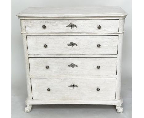 COMMODE, 19th century Danish grey painted with four long drawers and carved front supports, 96cm W x 49cm D x 95cm H. 