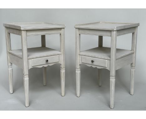 BEDSIDE/LAMP TABLES, a pair, French style traditionally grey painted each with two tiers and drawers, 40cm x 40cm x 66cm H. (
