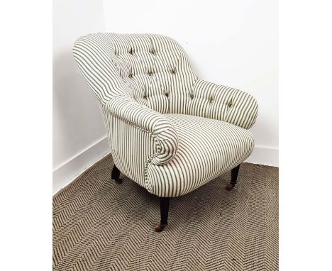 ARMCHAIR, Edwardian ebonised with green ticking upholstery and ceramic castors, 81cm H x 70cm W x 78cm D. 