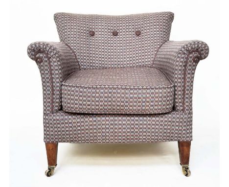 ARMCHAIR, early 20th century English Edwardian upholstered check weave with button back and square tapering supports, 77cm W.