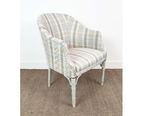 TUB CHAIR, Regency style painted with light check fabric and simulated bamboo legs, 85cm H x 60cm W x 65cm D. 
