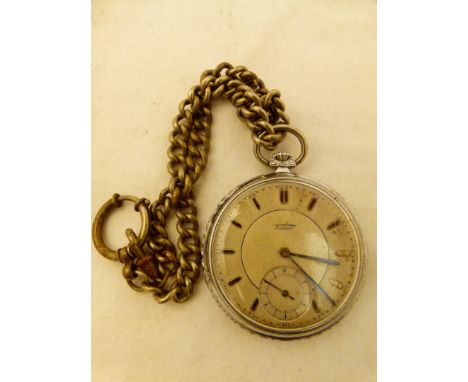 TISSOT POCKET WATCH. Tissot crown wind chrome pocket watch on a white metal chain