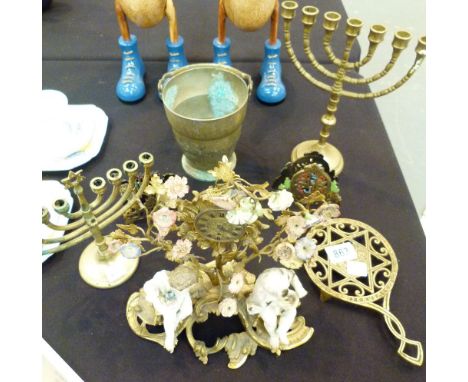 BRASS MANTLE CLOCK. Continental brass mechanical mantle clock with ceramics figures and foliage and other brass items