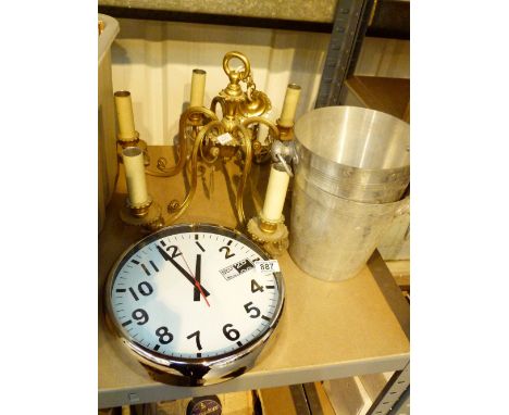 MIXED ITEMS. Six branch brass ceiling light, two champagne buckets and a modern day date chromed clock