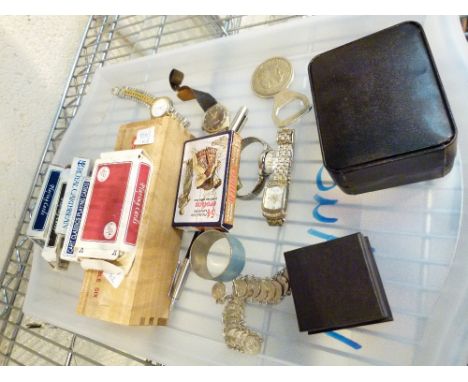 MIXED COLLECTABLES. Tray of mixed collectables including playing cards, watches and pens