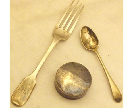 GEORGIAN SILVER. Georgian silver fork,  spoon with Indian assay, maker W.G and an 800 silver pot