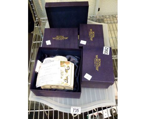 COMMEMORATIVE WORCESTER ITEMS. Four boxed Royal Worcester royal commemorative items including Diamond Jubilee tea caddy