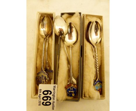 SILVER TEASPOONS. Seven hallmarked silver teaspoons with British enamel city badges