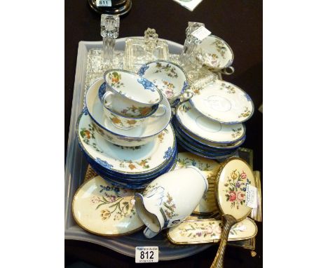 MIXED TEA WARE. Tray of mixed ceramic tea ware and a cut glass dressing table set