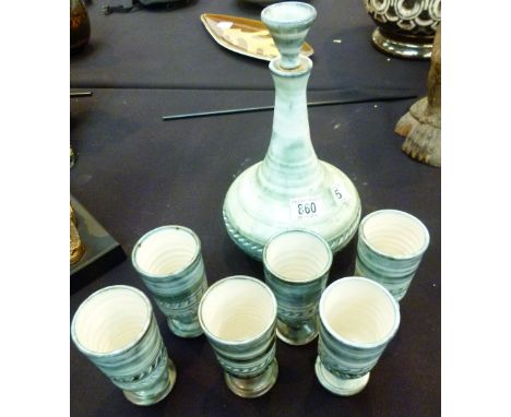 DECANTER & GOBLETS. Ceramic decanter with stopper and six matching goblets