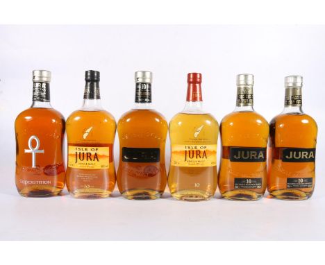 Six bottles of JURA&nbsp;single malt Scotch whisky to include two old style 10 year olds 40% abv., Superstition 43% abv. and 