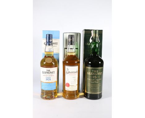 Three bottles of single malt Scotch whisky to include THE GLENLIVET 15 year old 43% abv 1 litre, THE GLENLIVET Founder's Rese