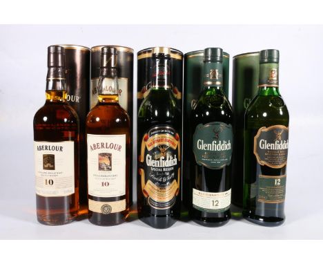 Five bottles of single malt Scotch whisky to include GLENFIDDICH Special Reserve 40% abv. 70cl, two bottles of GLENFIDDICH 12