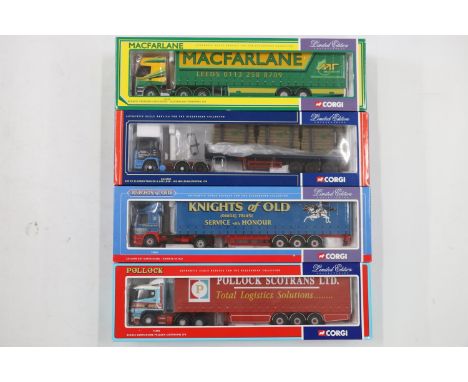 Four Corgi 1:50 scale diecast articulated lorry models to include 75602 Renault Premium Curtainside Macfarlane Transport Ltd,