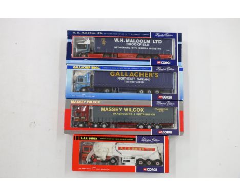 Four Corgi 1:50 scale diecast articulated lorry models to include 75806 MAN Curtainside W H Malcolm Ltd, 75206 ERF Curtainsid