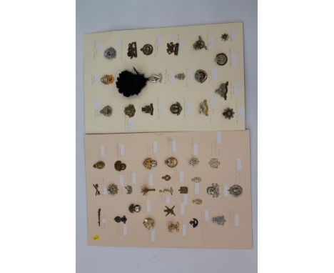 Two carboard boards of cap badges to include Scots Guards, Royal Inniskilling Fusiliers, Gurkha Transport Regiment, Grenadier