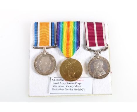 Medals of S4-060366 Sergeant Tom G Chalmers of the Royal Army Service Corps comprising George V (bareheaded bust wearing Fiel