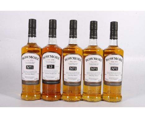 BOWMORE 12 year old Islay&nbsp;single malt Scotch whisky 70cl 40% abv. and four bottles of BOWMORE No1 Islay&nbsp;single malt