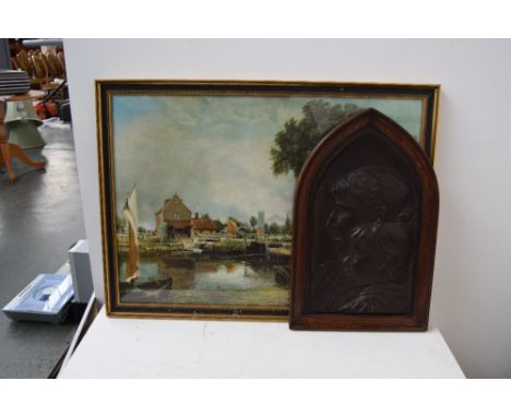 A mixed lot including a gilt framed mirror, a brass-resin portrait of a mother and child and a framed print of a pastoral sce