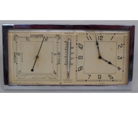 A 1930s Art Deco combined desk time piece, aneroid barometer and thermometer in rectangular chrome plated case and easel back