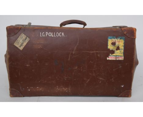 Two vintage leather suitcases, one by Paragon with travel labels, 60 x 20 x 40cmH and 70 x 23 x 41cmH