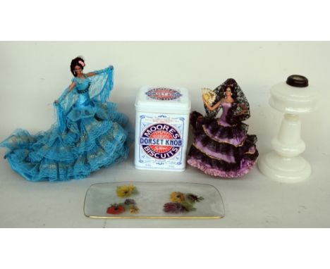A mixed lot of vintage items to include a mirror, a tin and several dolls