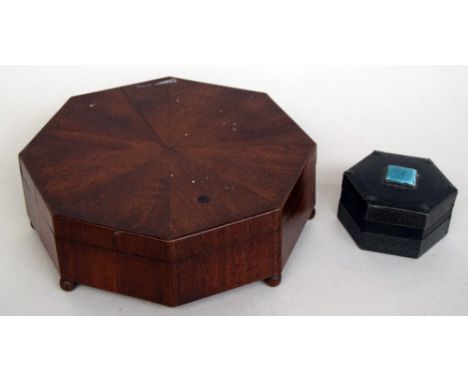 An Arts and Crafts hexagonal pewter and enamel ring box, together with a 19th century octagonal walnut jewellery box with seg