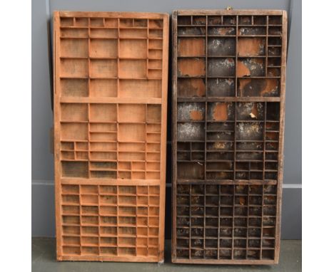 Two vintage wooden print trays, one printed with '36pt. Caslon O.F Heavy'