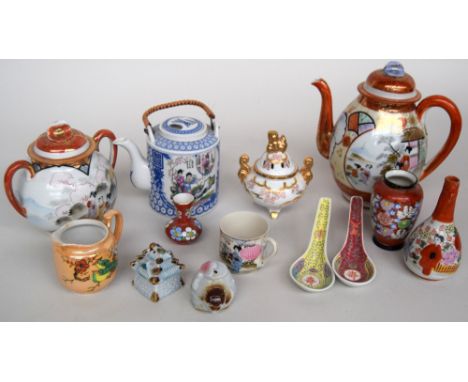 Three Japanese ceramic teapots, together with two rice spoons and various small jars (13)