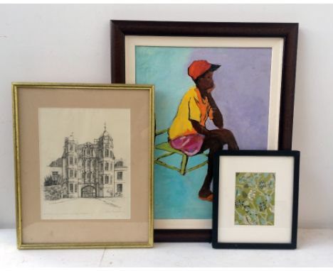 A mixed lot of pictures, including a pencil sketch of Pfeiffer Arch, Newnham College, Cambridge, signed 'Martin Tomlinson 87'