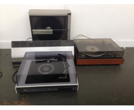 A Mitsubishi Music Centre X7 upright record player, a Bang & Olufson Beomaster 3300 tuner/amplifier, a Beogram 1500 record pl