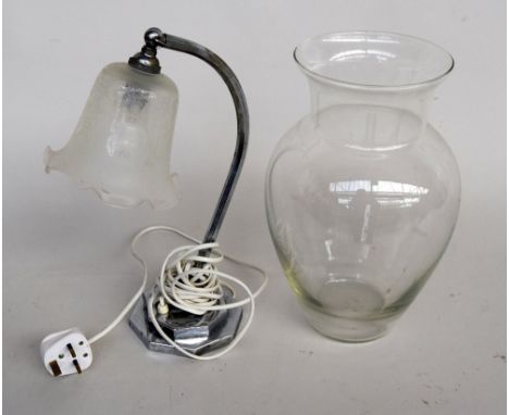 An Art Deco desk lamp with chrome octagonal base and adjustable etched glass shade, 37cmH, together with a glass flower vase 