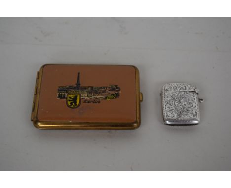 A silver vesta case, with monogram 'HCE', Birmingham 1904, 0.5oz, vintage cigarette case, labelled 'Berlin' with a scene of t