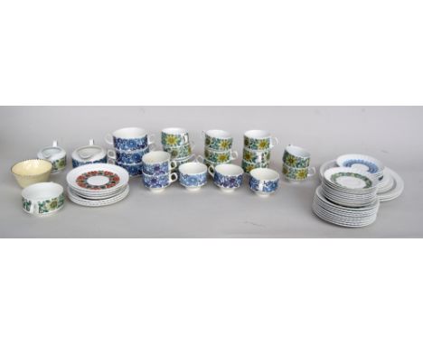 A part tea service of Spanish ceramics by Ponitsa, decorated with blue, green and red stylised flower pattern borders, compri