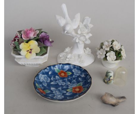 Two small hand-painted ceramic flower posies, one by Crown Staffordshire, the other by Aynsley, a Crown Staffordshire bird fi