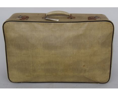 Two vintage suitcases, one from Noton in pale green fabric, 58 x 19 x 38cmH, and another in black, 61 x 16 x 38cmH