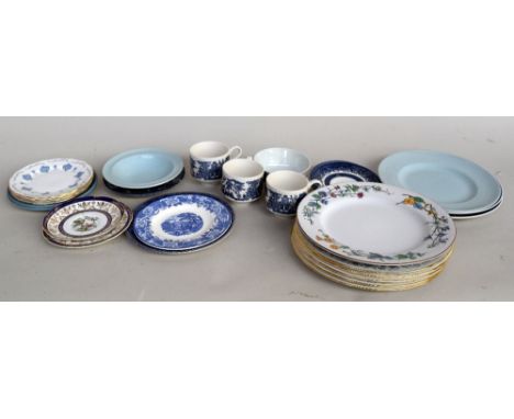 A selection of ceramic ware, including blue and white teacups and saucers from Churchill, five Colcough dinner plates with a 