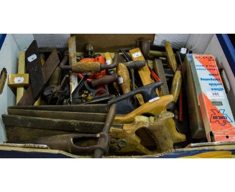 BOX OF ANTIQUE WOODED WORKING TOOLS