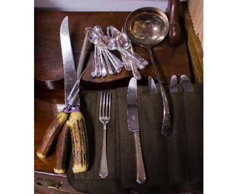 BOX BRASS CUTLERY, HORN HANDLE CARVING SET, SILVER PLATE LADLE, SILVER PLATE SPOONS, KNIVES + FORKS