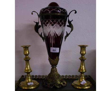 RUBY CUT GLASS URN + PAIR OF BRASS CANDLESTICKS