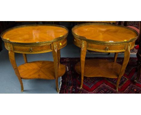 PAIR OF QUALITY OVAL BRASS MOUNTED  2 TIER LAMP TABLES WITH GALLERY