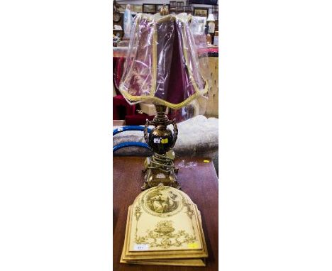 ORNATE TABLE LAMP, SHADE + 2 PLAQUES