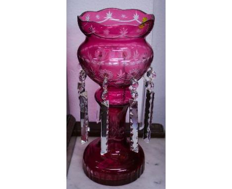 PAIR OF RUBY VASES WITH GLASS DROPS
