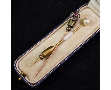 2 VICTORIAN STICK PINS. 1 WITH PEARL + 1 WITH RUBY