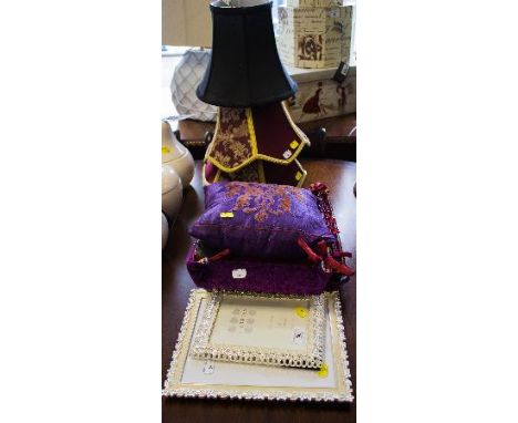 2 ORNATE FRAMES + 3 LAMP SHADES + CUSHION