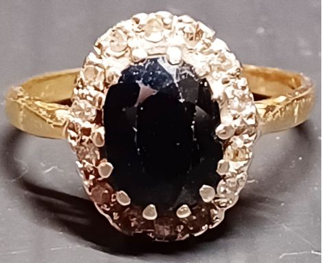 18CT GOLD SAPPHIRE AND DIAMOND RING SIZE N SAPPHIRE 3.6g SIZE APPROX 9MM X 7MM