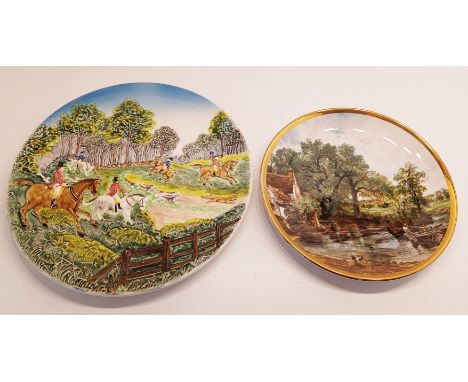 A VINTAGE WEST GERMANY MAJOLICA HUNTING PLATE EMBOSSED 13" &amp; ONE OTHER