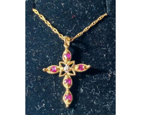 9CT GOLD RUBIES AND DIAMOND CRUCIFIX 2.5CM X 1.5CM CHAIN 18" 1.7g